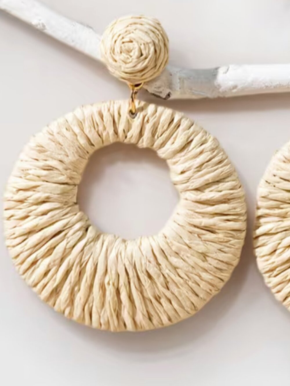 BOHEMIAN RAFFIA BEIGE HOOP SHAPED EARRINGS ON POST BACK